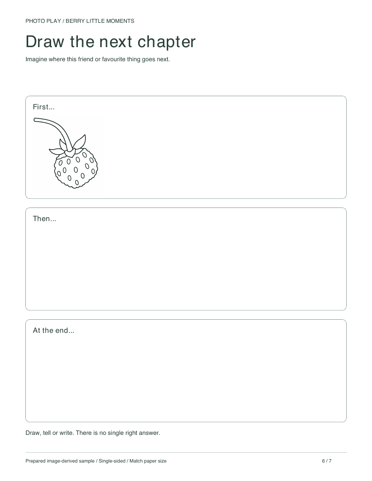 Strawberry draw-a-story page with three scenes
