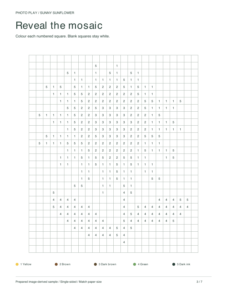 Sunflower mosaic coloring worksheet with numbered pixel squares