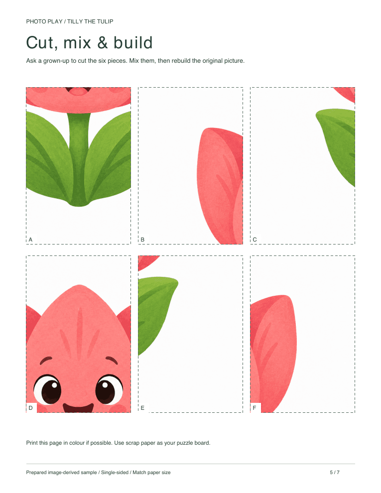 Tulip cut-and-build picture puzzle sheet