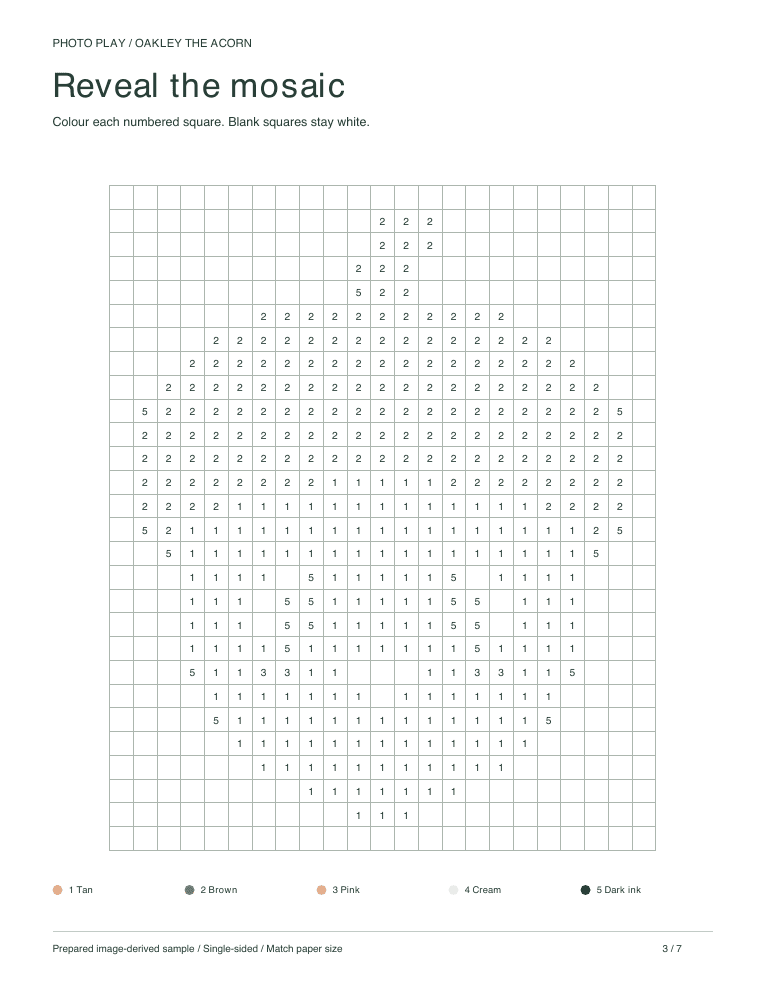Acorn mosaic coloring worksheet with numbered pixel squares