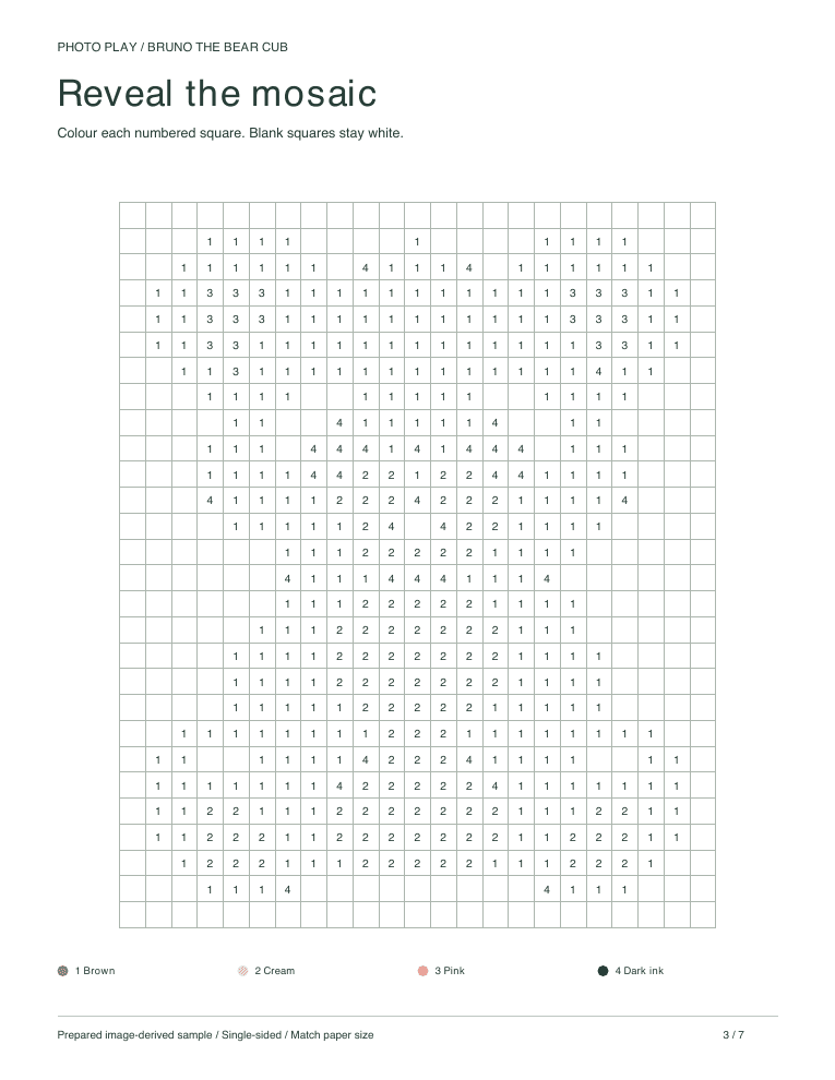 Bear cub mosaic coloring worksheet with numbered pixel squares
