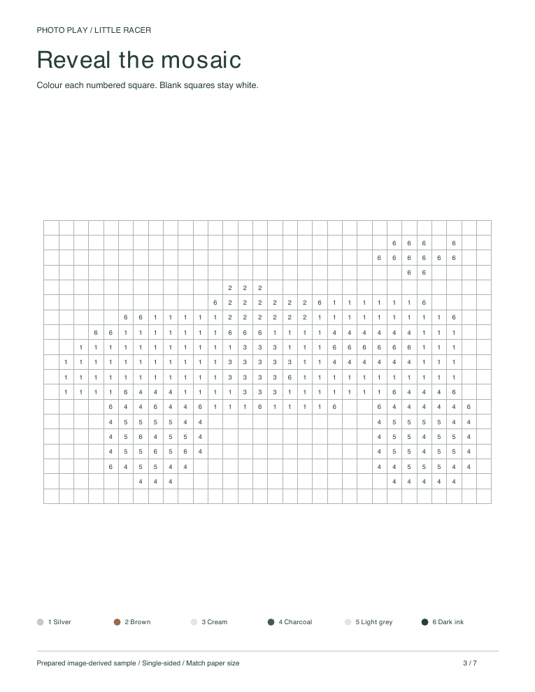 Toy car mosaic coloring worksheet with numbered pixel squares