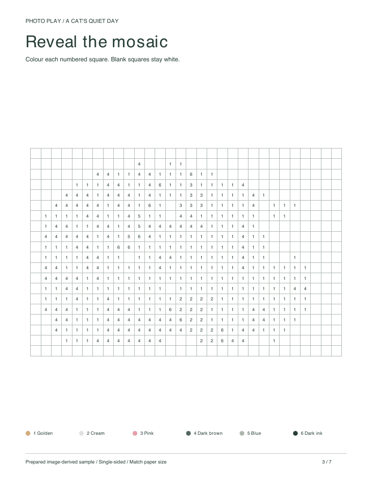 Cat mosaic coloring worksheet with numbered pixel squares