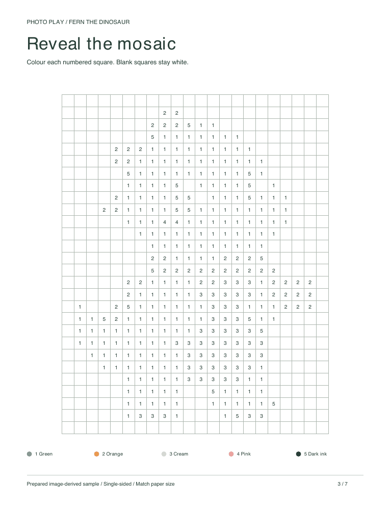 Dinosaur mosaic coloring worksheet with numbered pixel squares