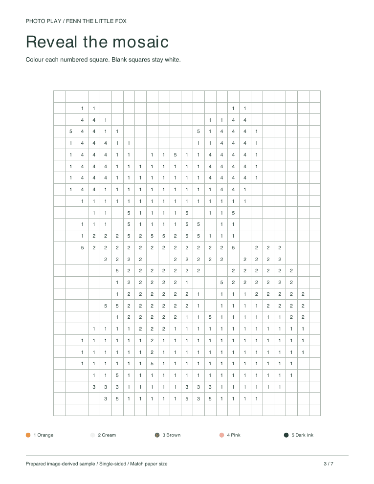 Fox mosaic coloring worksheet with numbered pixel squares