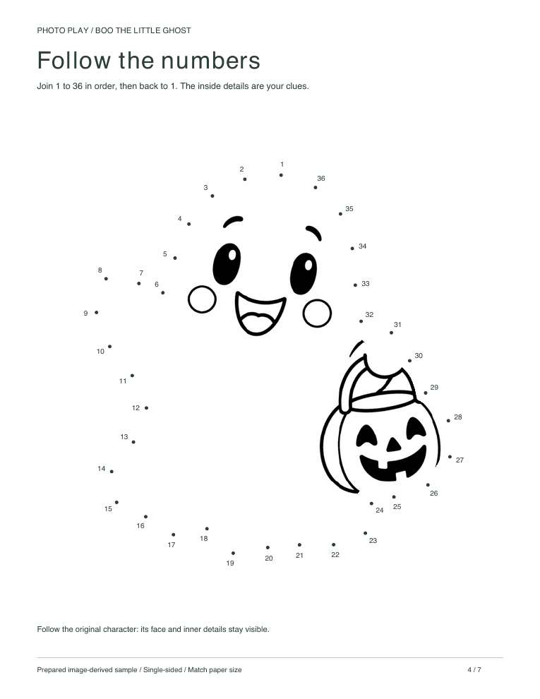 Friendly Halloween ghost connect-the-dots worksheet