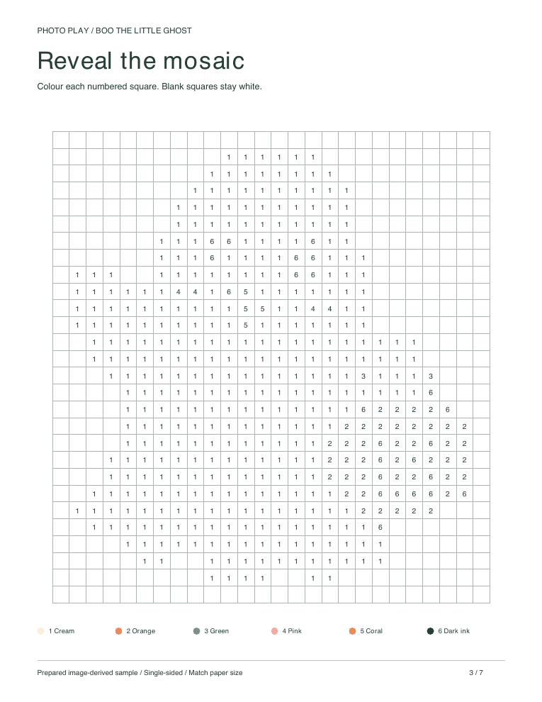 Friendly Halloween ghost mosaic coloring worksheet with numbered pixel squares