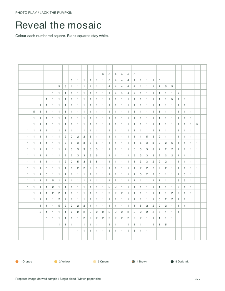 Jack-o'-lantern pumpkin mosaic coloring worksheet with numbered pixel squares