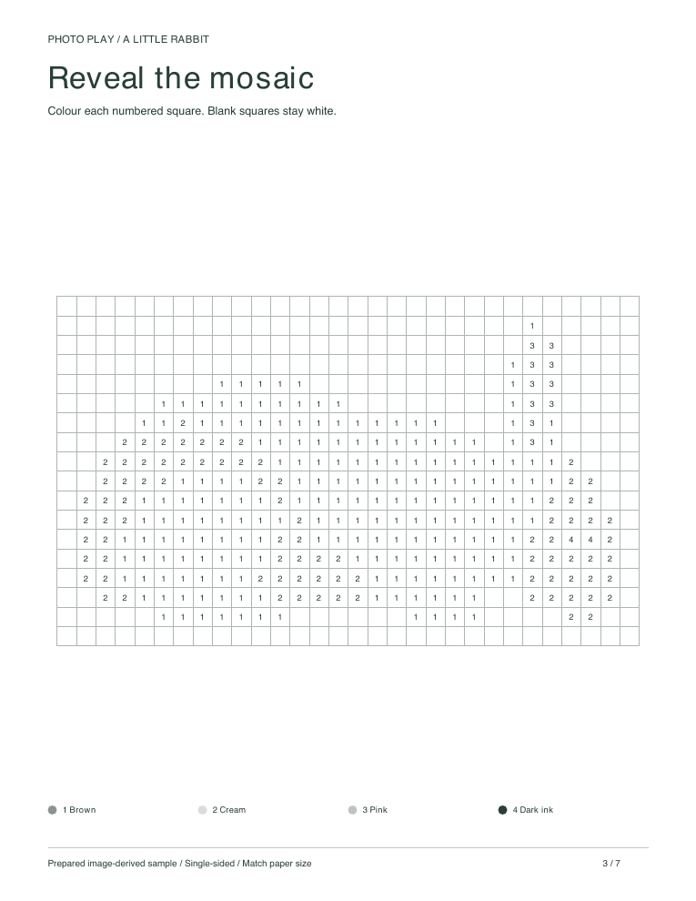 Rabbit mosaic coloring worksheet with numbered pixel squares