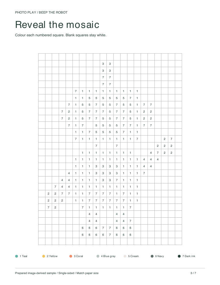 Robot mosaic coloring worksheet with numbered pixel squares