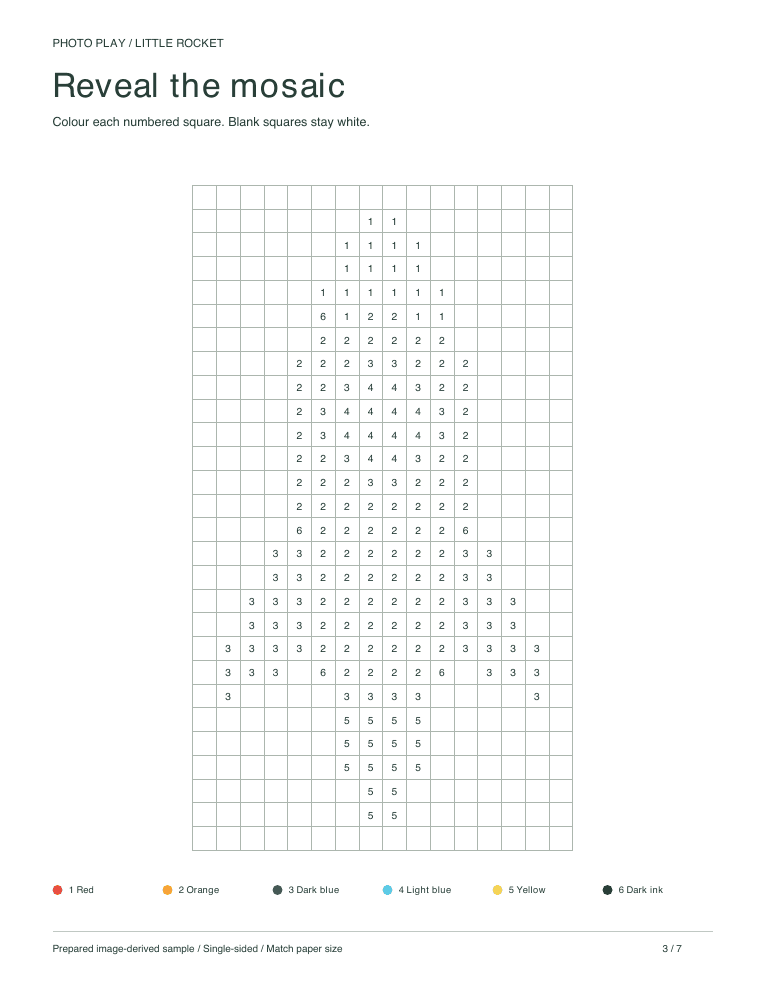 Rocket mosaic coloring worksheet with numbered pixel squares