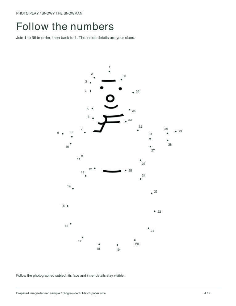 Snowman connect-the-dots worksheet