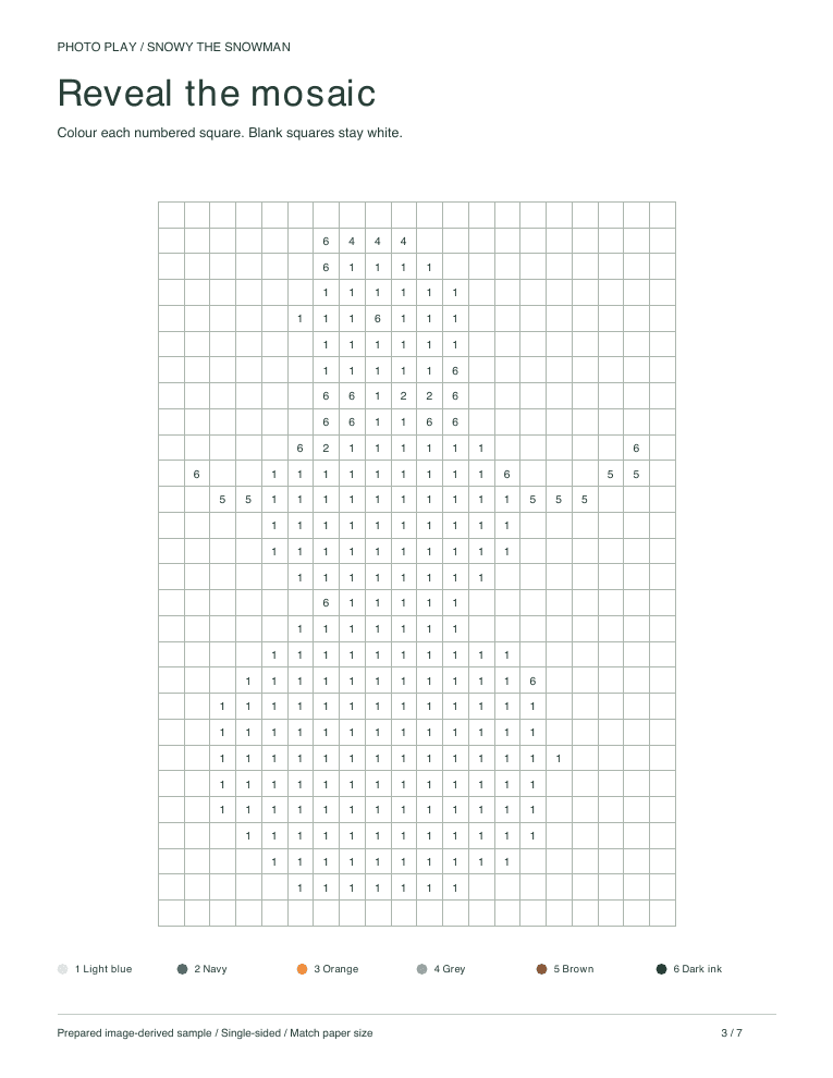 Snowman mosaic coloring worksheet with numbered pixel squares