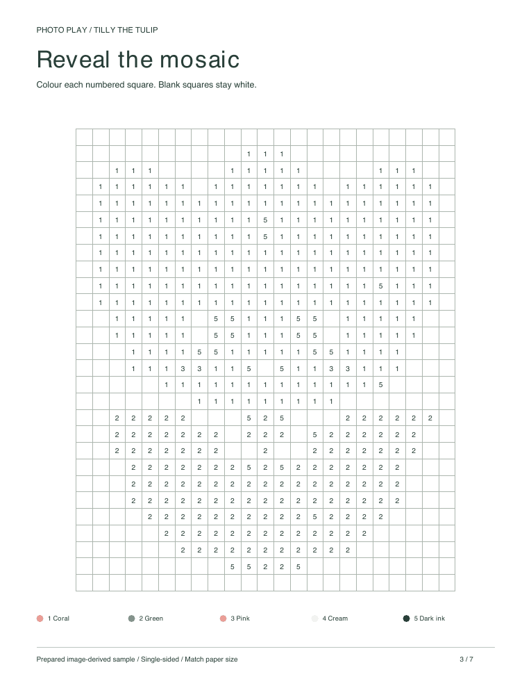 Tulip mosaic coloring worksheet with numbered pixel squares